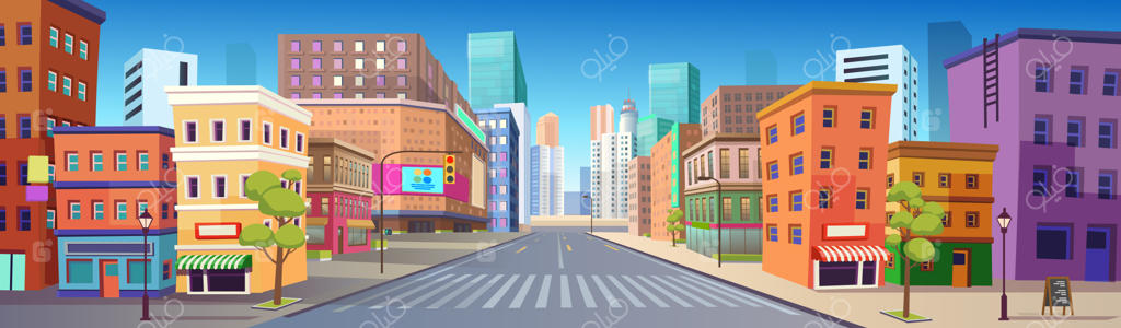 تصویر شهری با نمای پانوراما: مغازه‌ها، ساختمان‌ها، مرکز خرید و چراغ راهنمایی به سبک تخت