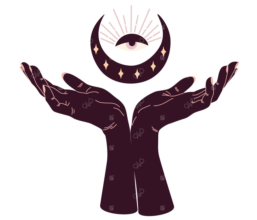 دست‌های جادویی با نمادهای اسرارآمیز آسمانی: عناصر معنوی بوهو با کریستال، مار، پروانه‌شب‌تاب و چشم. سیلوئت سیاه از دستان زن.