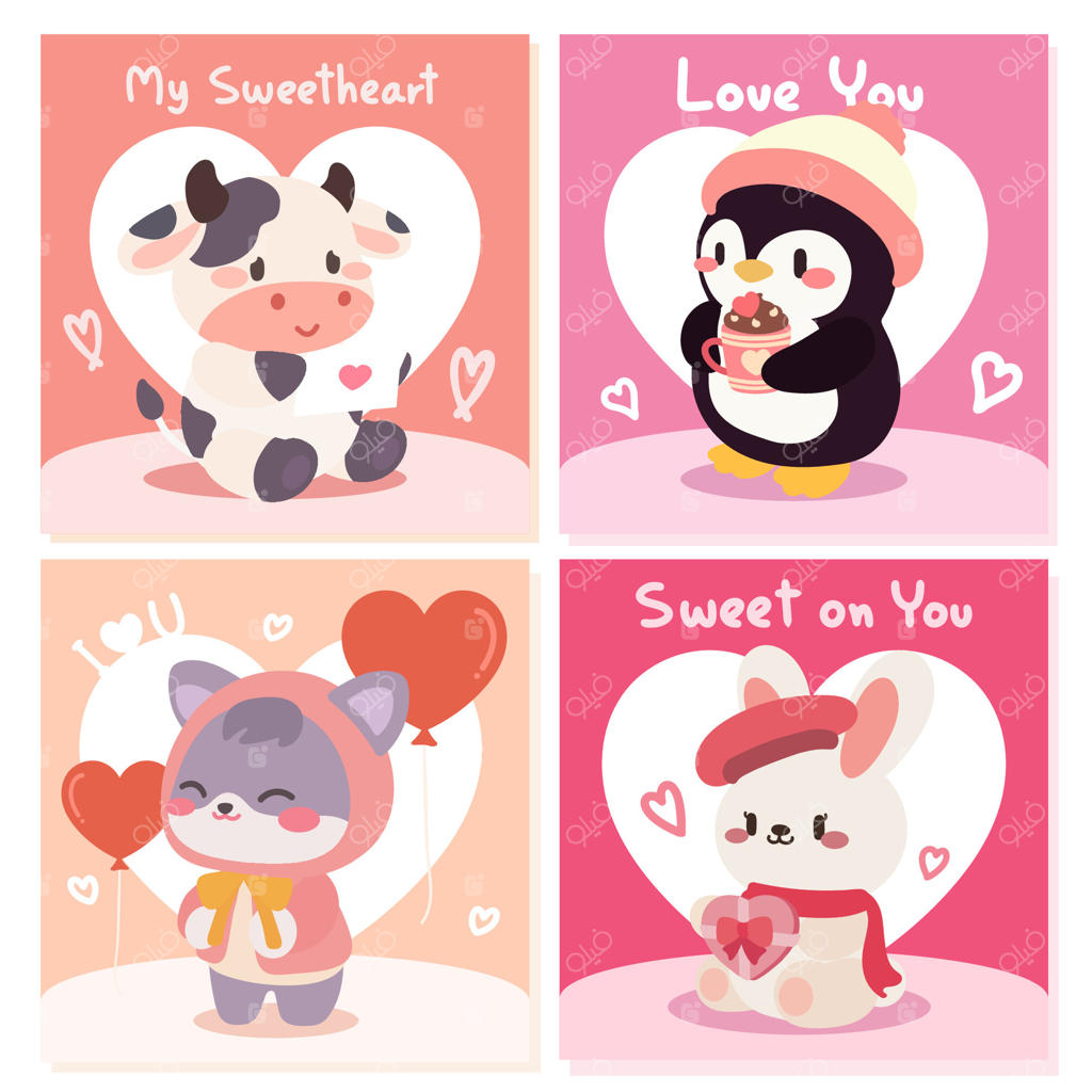 مجموعه‌ای از کارت‌های ولنتاین به سبک کاوایی با حیوانات دوست‌داشتنی مثل گاو، پنگوئن، گربه و خرگوش. هر طراحی شامل پیام‌های عاشقانه، قلب‌های کوچک و رنگ‌های ملایم است.