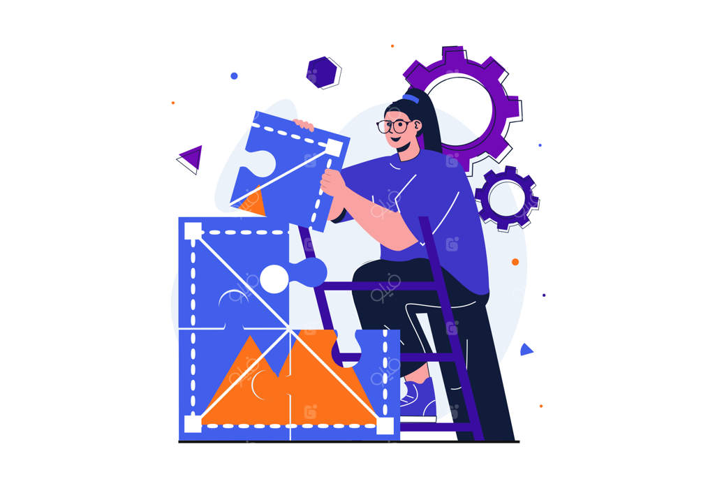 مفهوم استودیوی طراحی مدرن برای طراحی بنر وب: زنی توسعه‌دهنده روی پروژه خلاقانه کار می‌کند