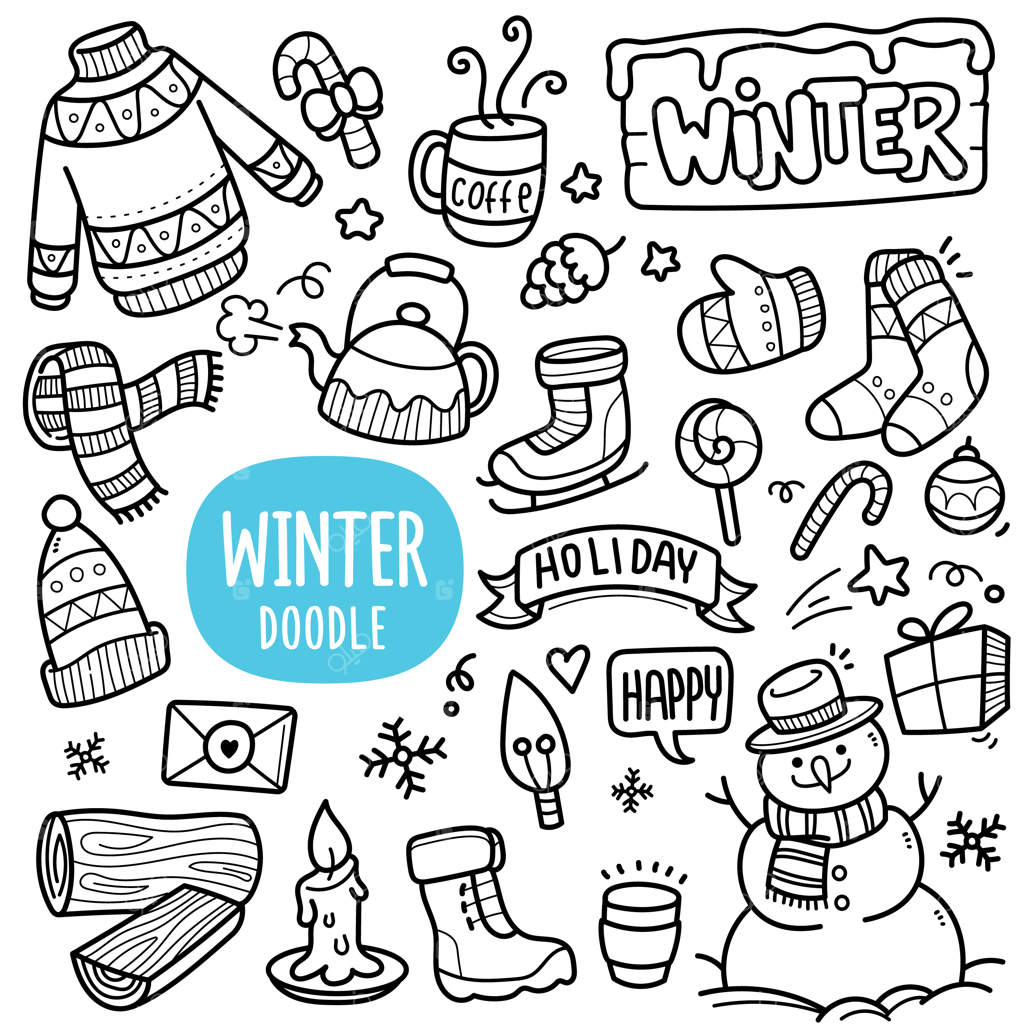 تصویرسازی خطی سیاه و سفید: اشیاء زمستانی