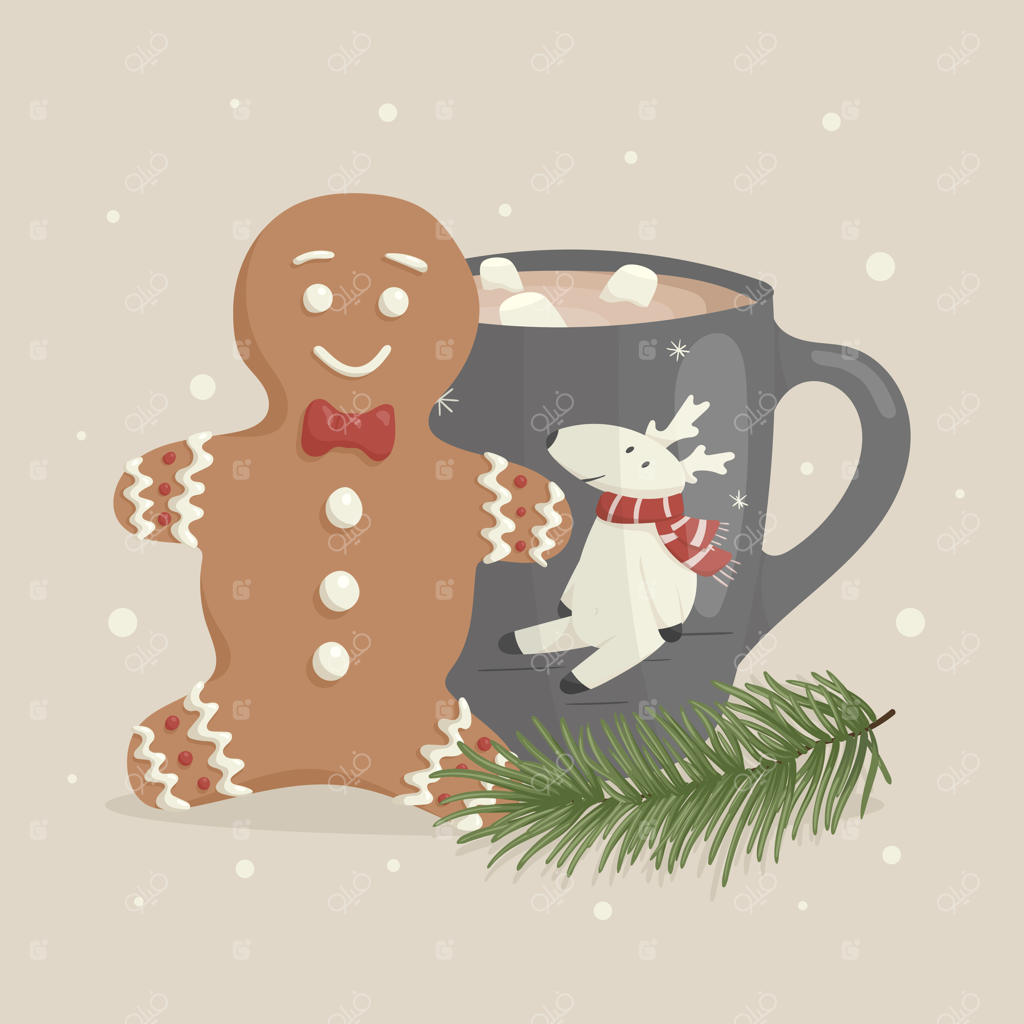 تصویر کارتونی کریسمس: مرد شیرینی زنجبیلی، لیوان تزیین‌شده چای یا قهوه با تصویر گوزن بامزه، شاخه‌ای از صنوبر یا کاج، تزیینات سال نو