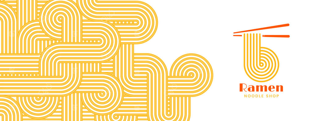 قالب بنر نودل رامن، پس‌زمینه با الگوی بدون درز پاستای زرد، بافت اسپاگتی یا غذای آسیایی با خطوط هندسی، پوستر ماکارونی ایتالیایی و غذای چینی