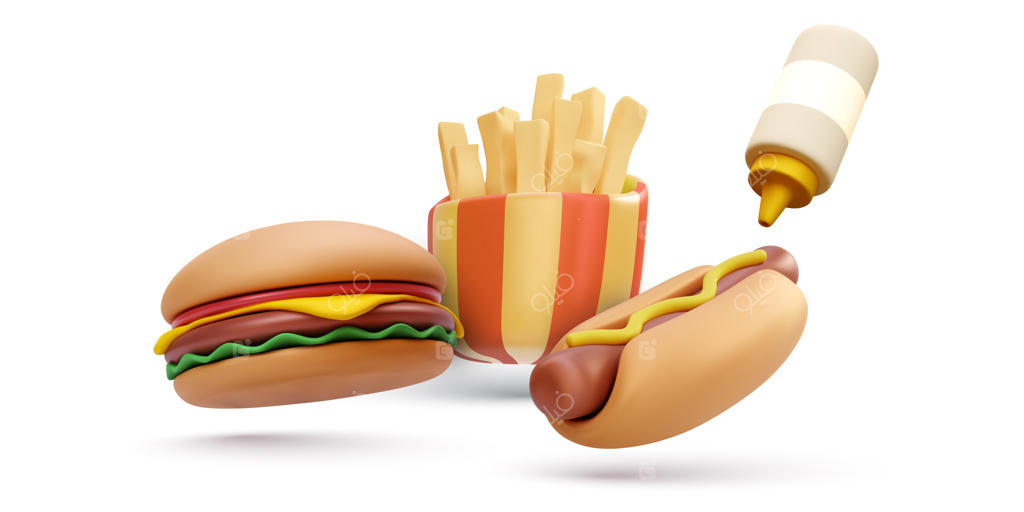 تصویر وکتور سه‌بعدی همبرگر، هات‌داگ و سیب‌زمینی سرخ‌کرده خوشمزه و تازه روی زمینه سفید