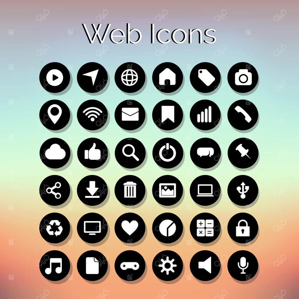 مجموعه ۳۶ آیکون سیاه و سفید اپلیکیشن و وب‌سایت با پس‌زمینه گرادینت و طرح تبلت