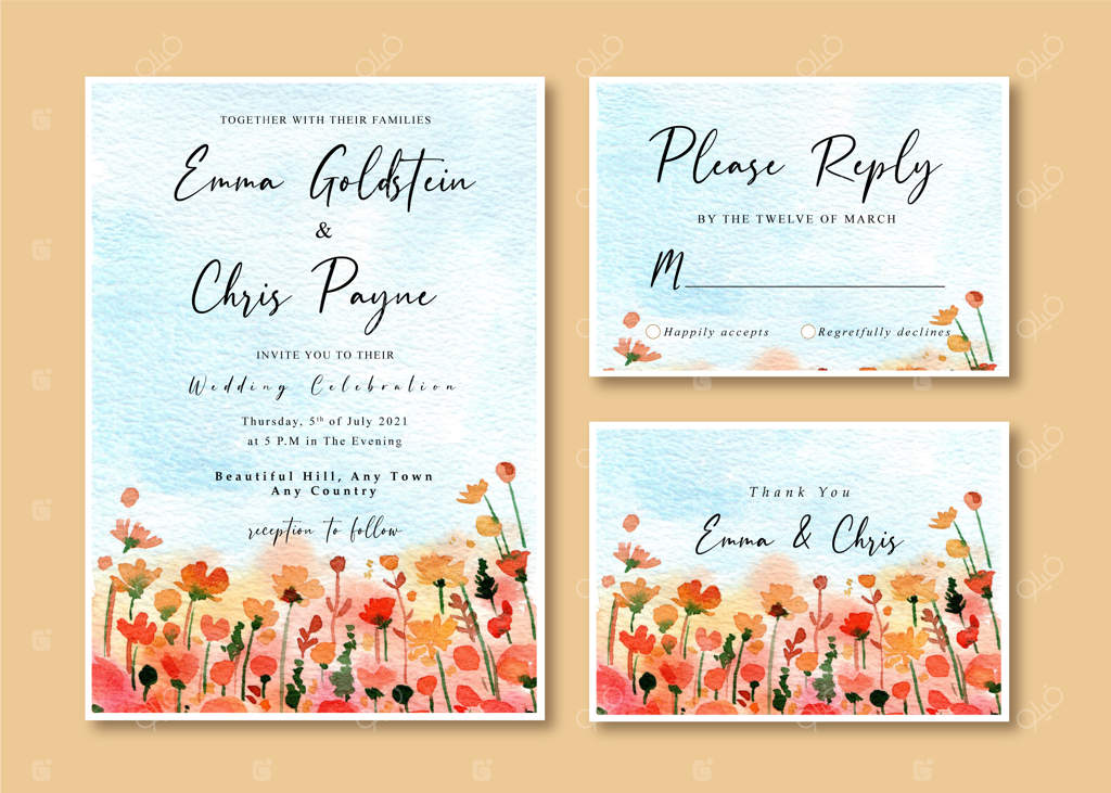 کارت دعوت عروسی آبرنگی با آسمان آبی و گل‌های وحشی قرمز