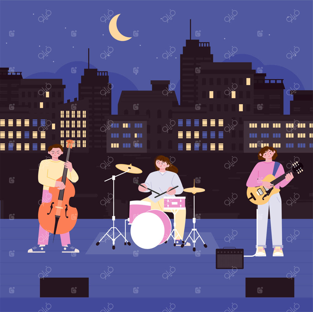 نورهای شهر در پس‌زمینه؛ سه نوازنده در خیابان اجرا می‌کنند