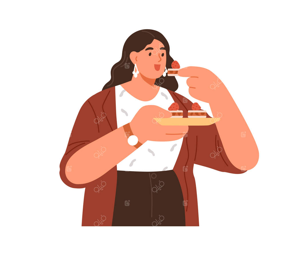 زن خوشحال در حال خوردن دسر شیرین، ایستاده با بشقابی از شیرینی‌های خوشمزه. فردی که با لذت از غذای چرب و پر کالری و ناسالم لذت می‌برد. تصویرسازی تخت وکتور بر روی پس‌زمینه سفید