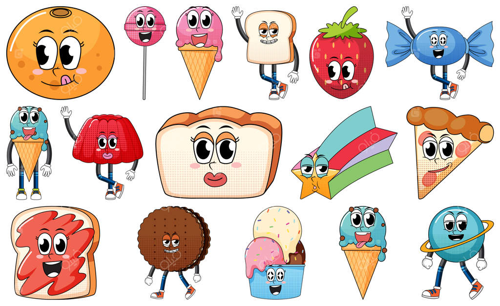 مجموعه‌ای از کارتون‌های مواد غذایی با حالت‌های مختلف صورت به سبک وینتیج