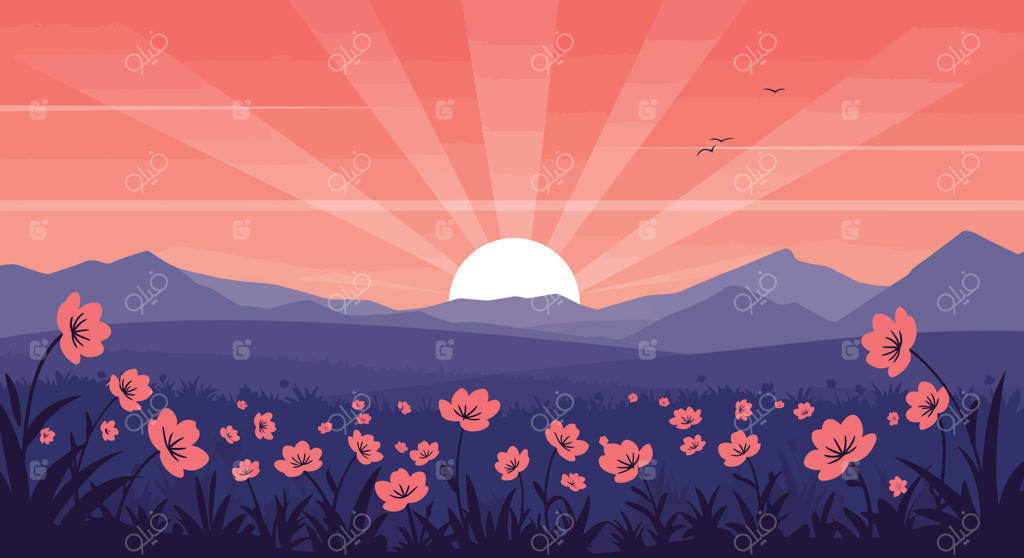 غروب خورشید با گل‌ها و کوه‌ها