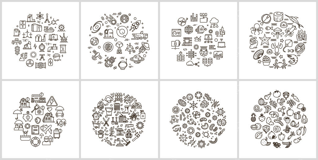 نمادهای وکتور مفاهیم خطوط: غذاهای ارگانیک، بیمه باغبانی، غذاهای دریایی، انرژی، صنعت رستوران، پزشکی و مراقبت‌های بهداشتی