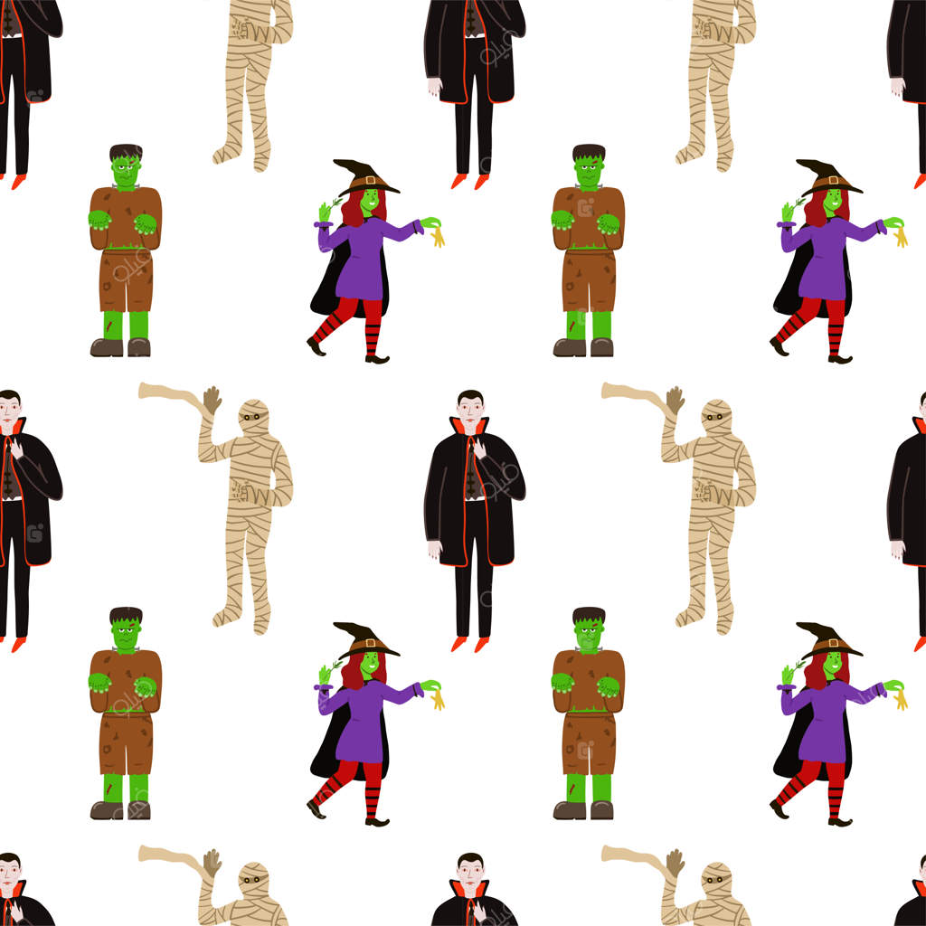 طرح فانتزی وکتور برای هالووین با قهرمانان در لباس‌های جادوگر، دراکولا، مومیایی و فرانکنشتاین.