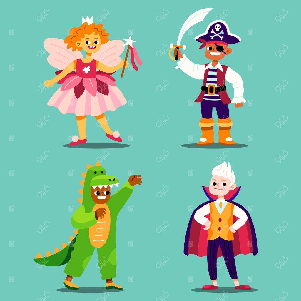 مجموعه دست‌کشیده بچه‌های هالووین با لباس‌های مبدل