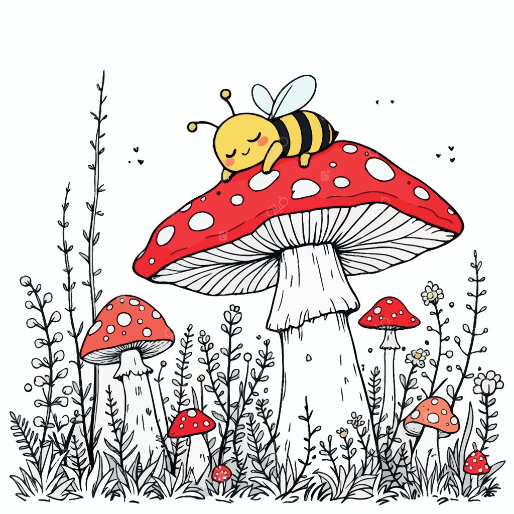 زنبور خوابالو روی قارچ بزرگ قرمز در میان قارچ‌های کوچکتر و گیاهان وحشی در یک دشت جنگلی زیبا برای رنگ‌آمیزی سرگرم‌کننده