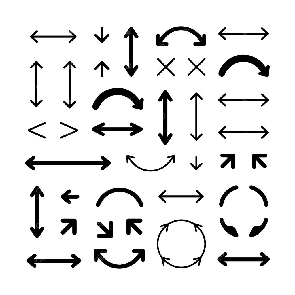 مجموعه وکتور فلش‌های مشکی ساده در اشکال صاف، منحنی و دایره‌ای