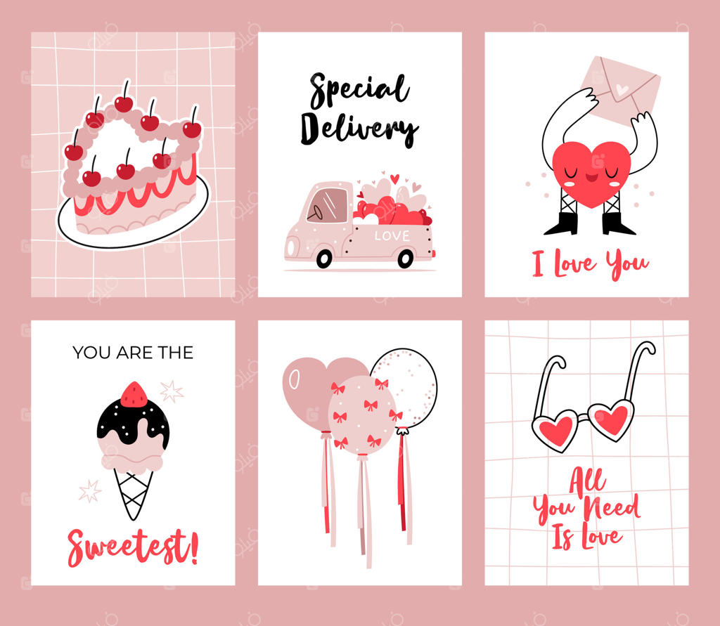 مجموعه‌ای از چهار کارت ولنتاین: کیک بنتو، بستنی، بادکنک‌های مد روز، شخصیت قلبی، عینک‌های قلبی شکل.