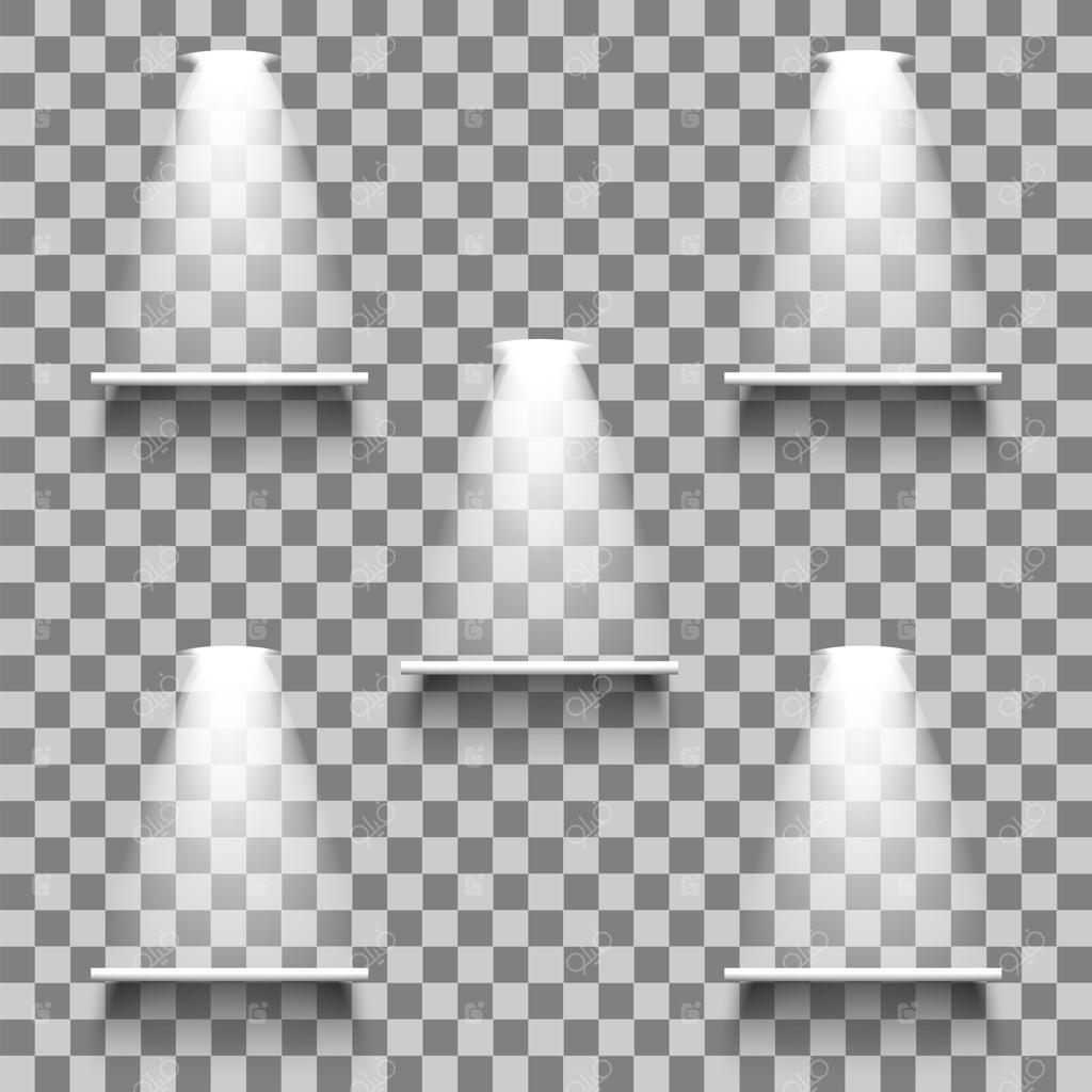 قفسه‌های سفید خالی با نور و سایه در پس‌زمینه شفاف