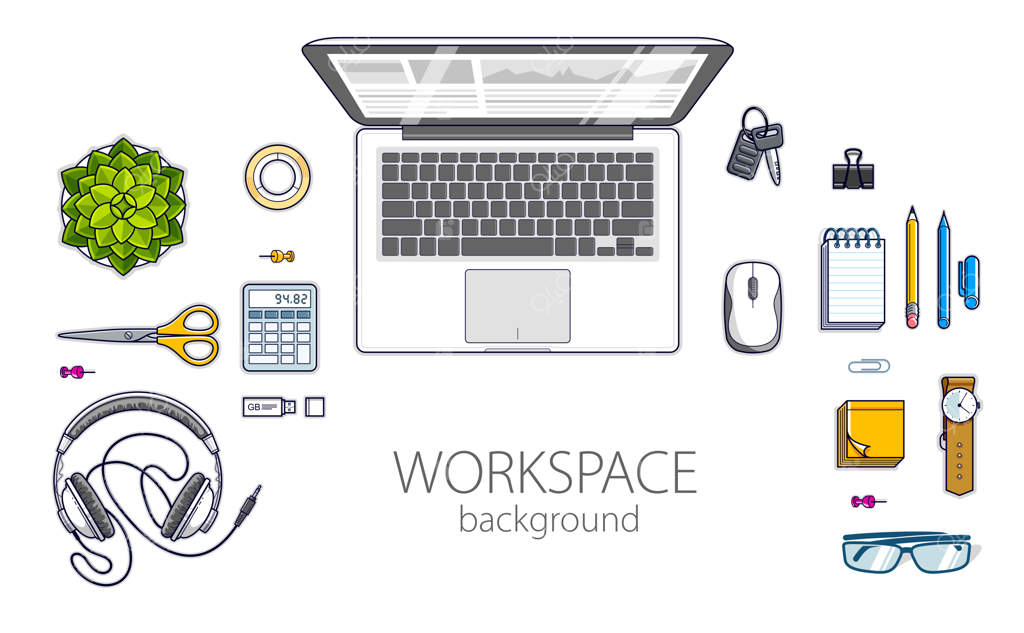 نمای بالا از میز کار: لپ‌تاپ و لوازم‌التحریر متنوع بر روی میز. همه عناصر به راحتی جدا شده یا بازآرایی می‌شوند. وکتور