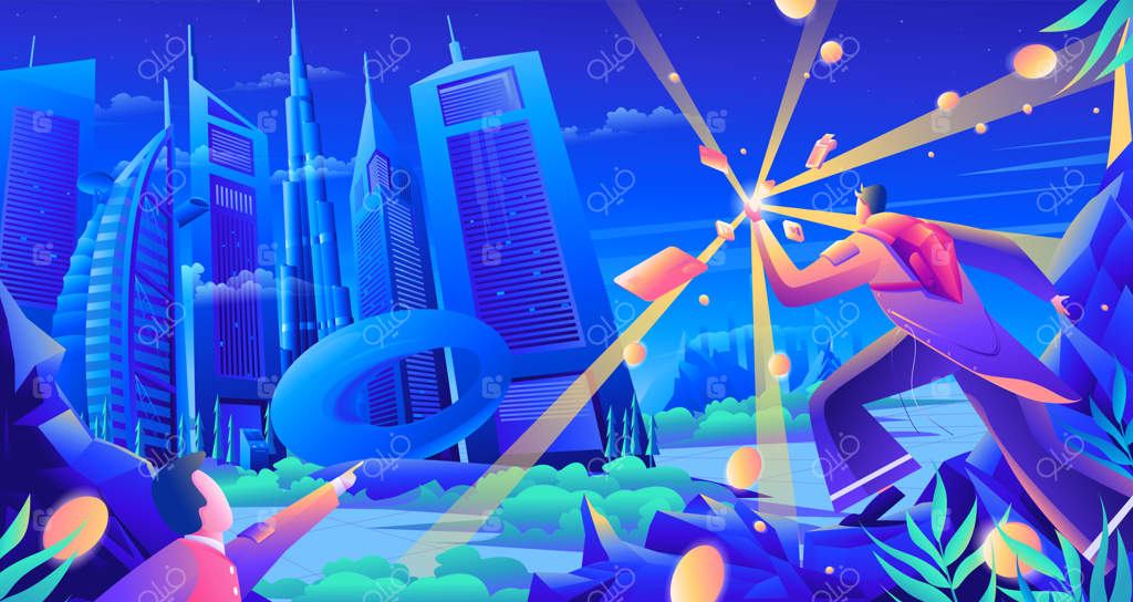 مرد آینده‌نگر ایستاده بر سنگ، پس‌زمینه‌ای از شهر با فناوری پیشرفته و مدرن.