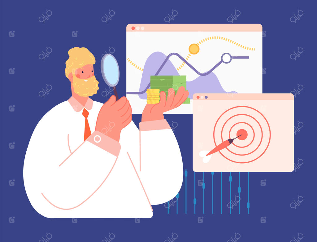 مردی با پول، سرمایه‌گذاری‌های موفق، بانکداری و تحلیل مالی - مرد خوشحال در حال نگاه کردن به پول با ذره‌بین (مفهوم وکتور)