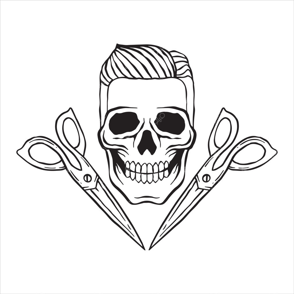 طرح خلاقانه جمجمه و قیچی سیاه و سفید برای طراحی استیکر، تاتو، پوستر و تی‌شرت