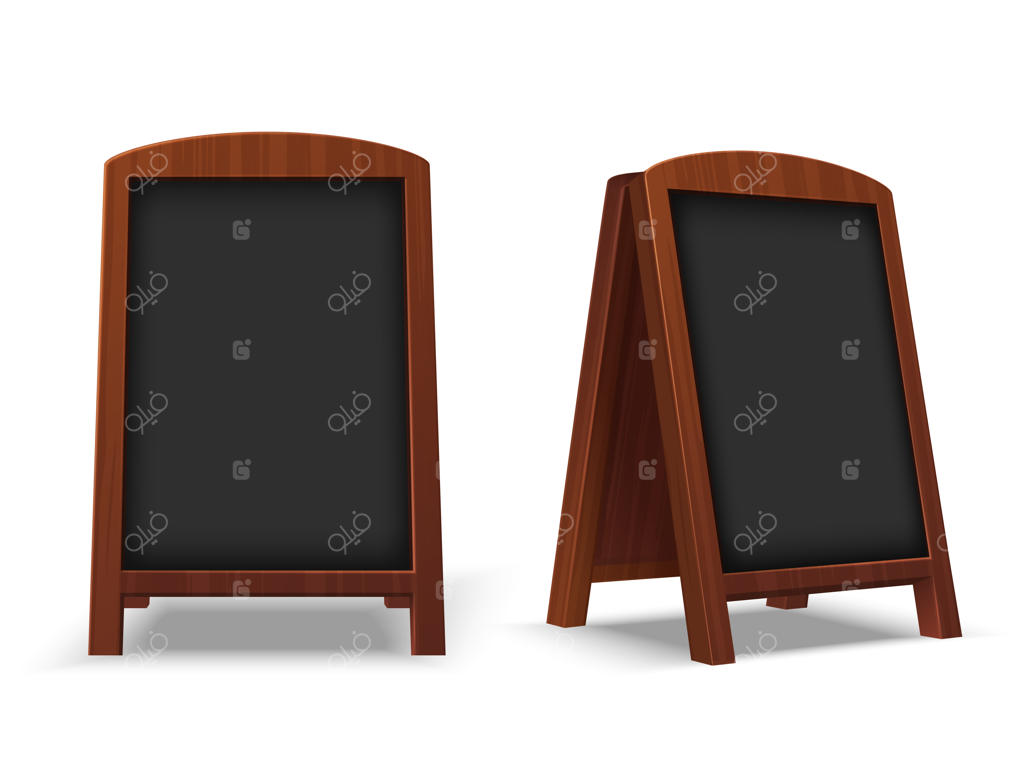تخته سیاه پیاده‌رو: تابلو رستوران روباز با قاب چوبی و پایه بوم خالی برای نوشتن. مدل سه‌بعدی جهت ارائه طرح.