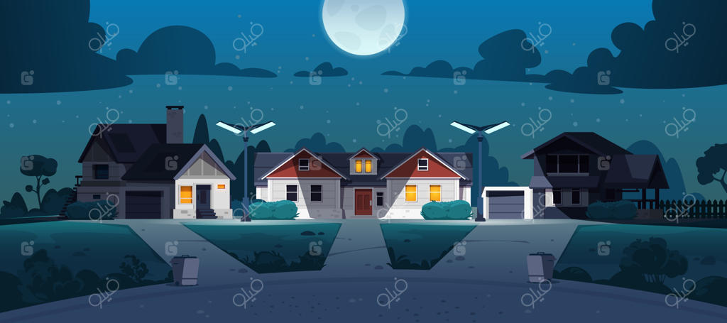 خیابان شب حومه شهر: محله‌ای کارتونی با خانه‌های ویلایی و درختان در غروب