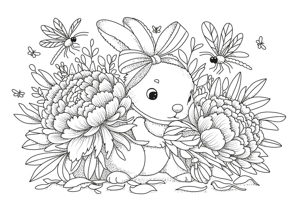 خرگوش بامزه در میان گل‌ها و حشرات