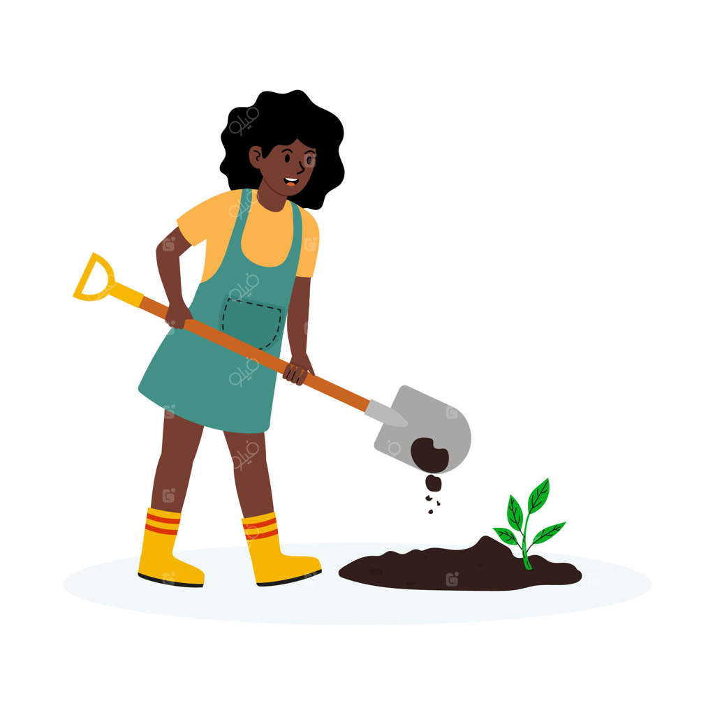دختر جوانی که در هوای آفتابی با بیلچه گیاهی کوچک در خاک باغ می‌کارد