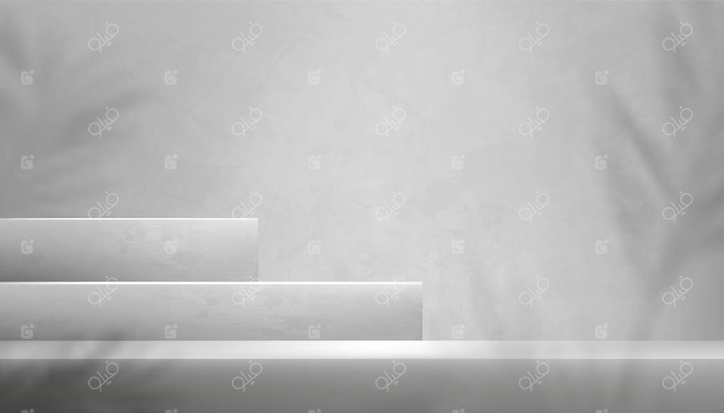 نمایش اتاق استودیو با دیوار خاکستری و ماکت سکوی سه‌بعدی، پس‌زمینه‌ای بافت سیمان طوسی و سایه برگ نخل، طرح برداری برای طراحی بنر بتن خاکستری سبک لافت برای ارائه محصول