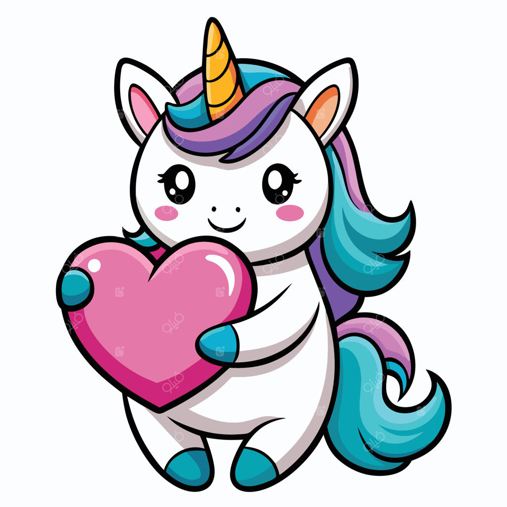 آیکون کارتونی بامزه از یونیکورن با آغوشی گرم و قلب‌ها