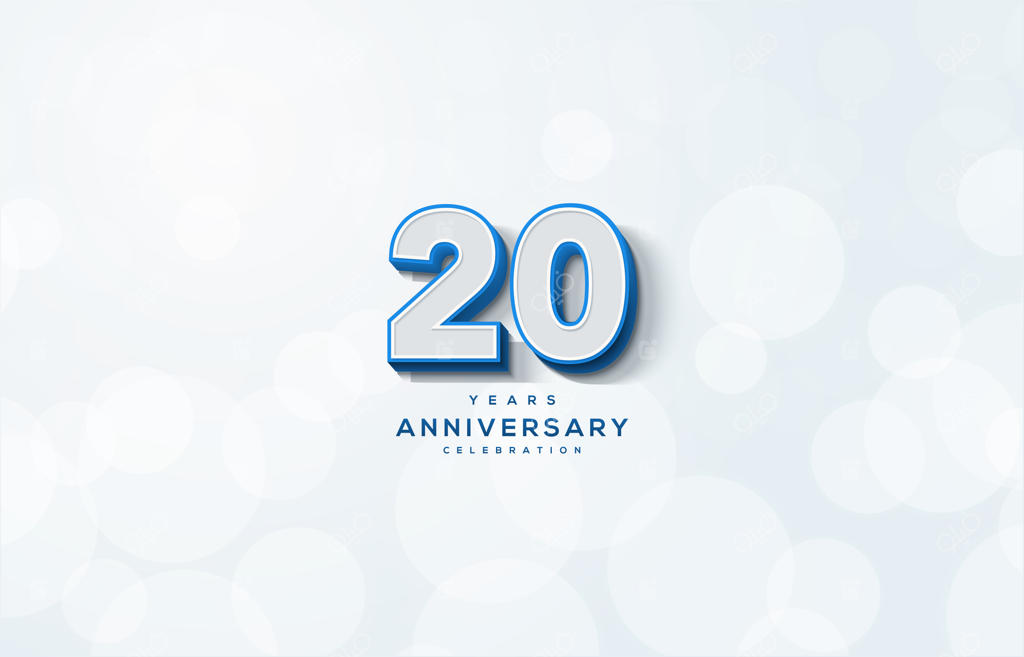 جشن بیستمین سالگرد با تصویر اعداد سه‌بعدی سفید.