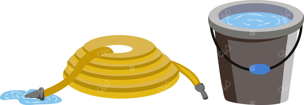 تصویر شیلنگ زرد باغبانی و سطل آب