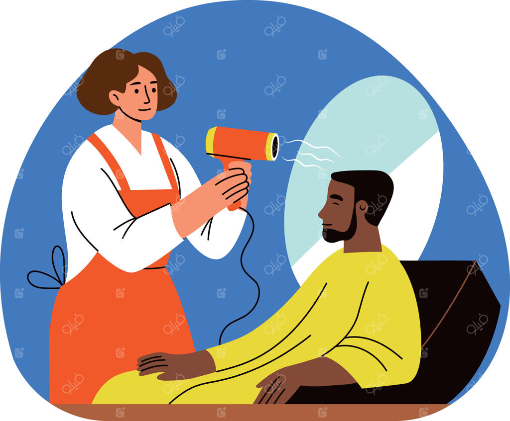 آرایشگری در حال خشک کردن موی مشتری، تصویرسازی به سبک تخت