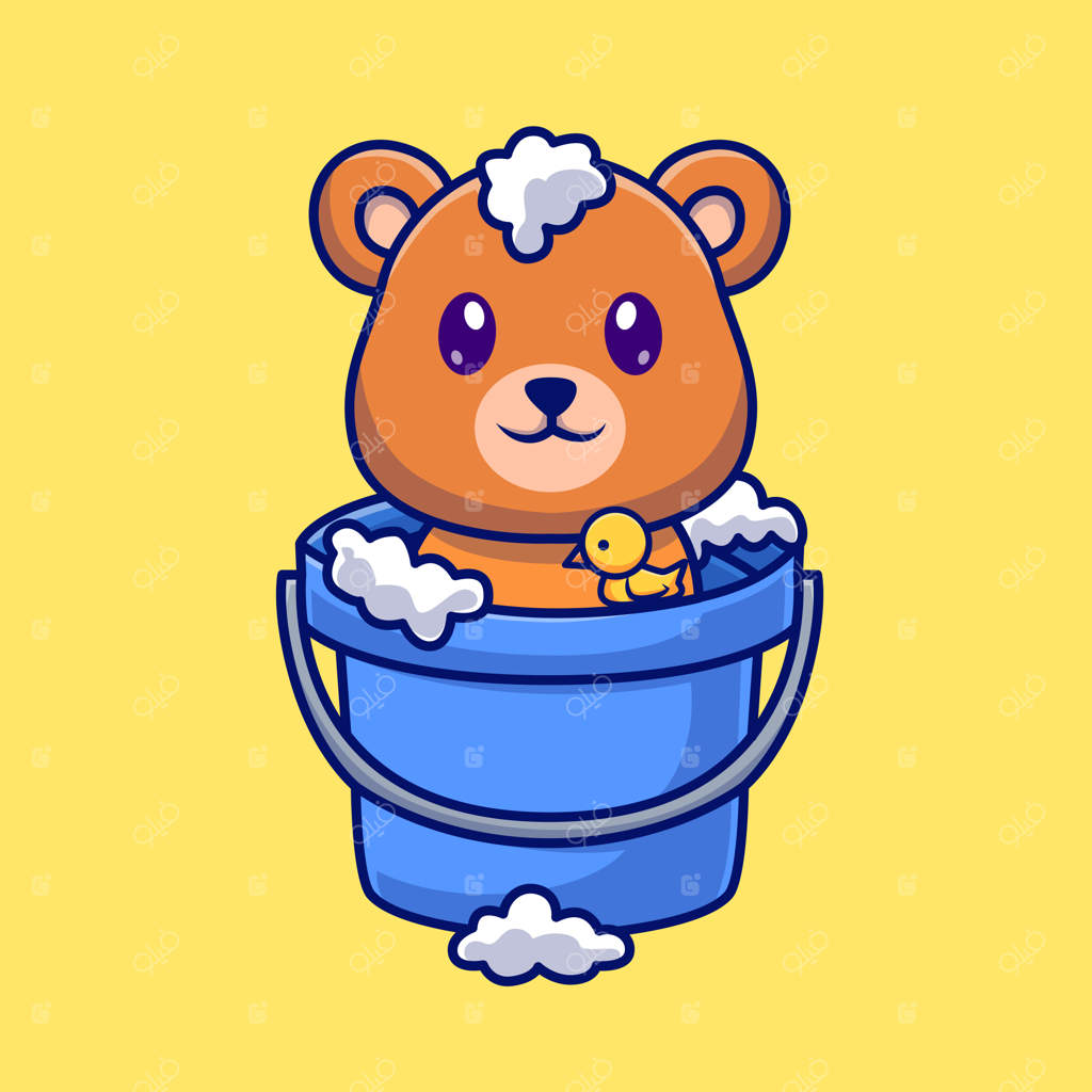 آیکون کارتونی خرس بامزه در حال حمام در سطل با حباب - مفهوم آیکون حیوانات و طبیعت