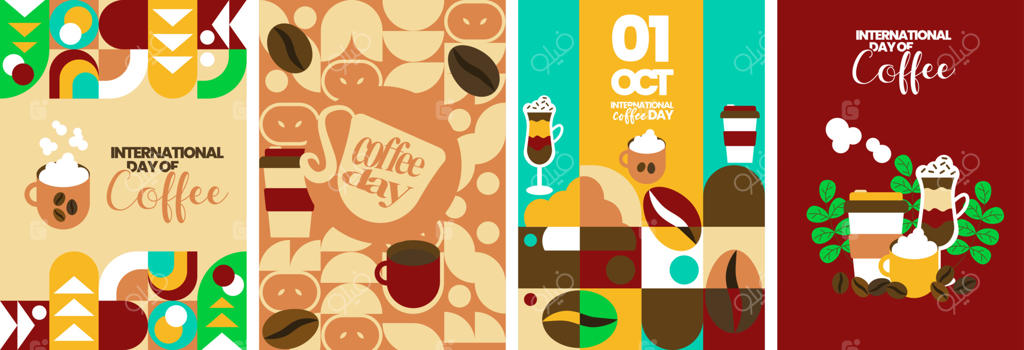 ۱ اکتبر: روز جهانی قهوه - مجموعه پوستر هندسی، پس‌زمینه و دعوت‌نامه وکتوری