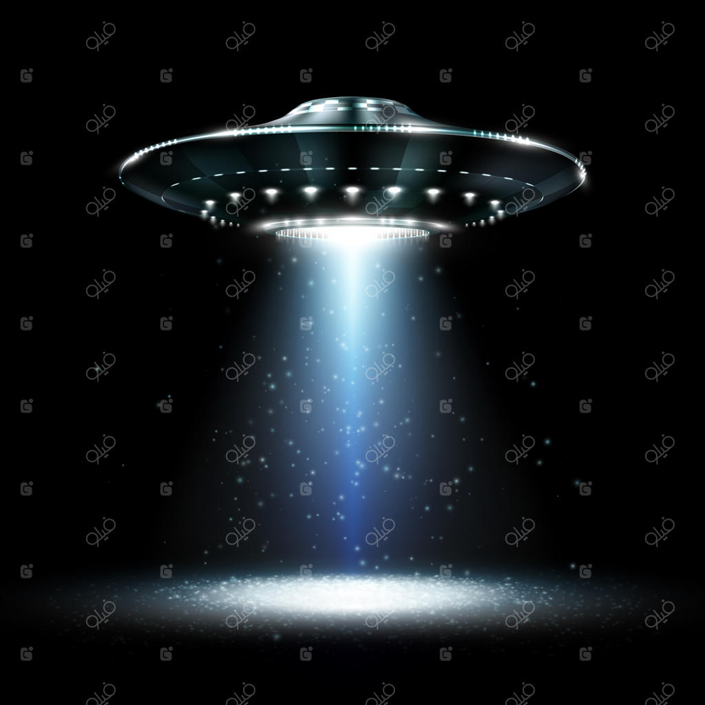 یوفو: شی ناشناس پرنده. یوفوی آینده‌نگر در پس‌زمینه سیاه. تصویر فوتورئالیستی.