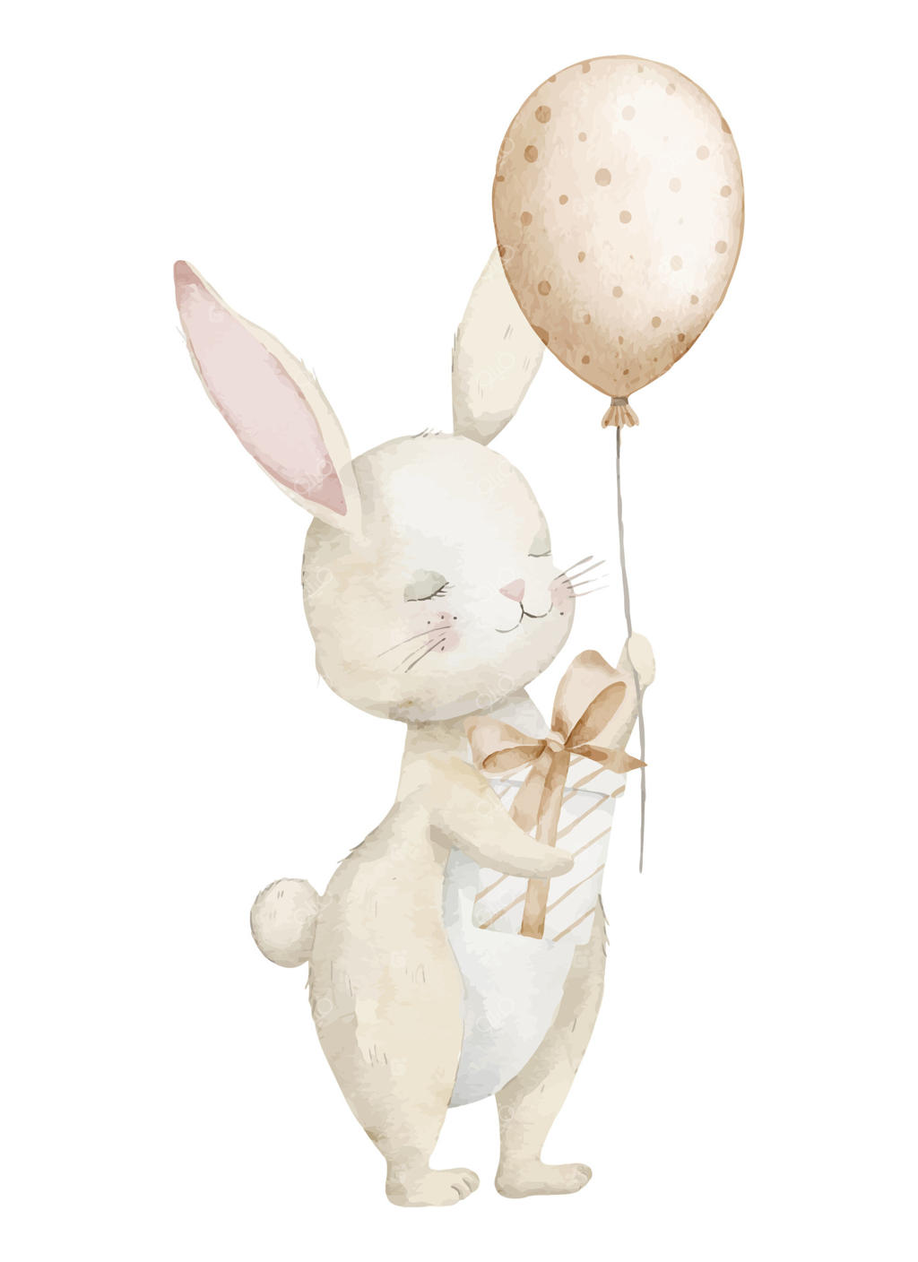 تصویر آبرنگی از خرگوش شادی که بادکنک و هدیه به همراه دارد برای کارت‌های تبریک تولد کودکان یا دعوت‌نامه‌های جشن سیسمونی. نقاشی خرگوش برای دکور جشن کودکان در رنگ‌های پاستلی بژ.