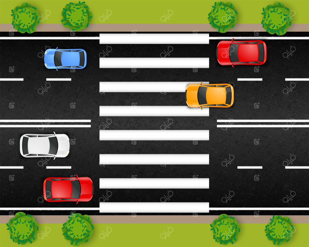 ترکیب جاده، خیابان و حمل‌ونقل: نما از بالا به بزرگراه و خودروها به همراه خط‌کشی عابر پیاده