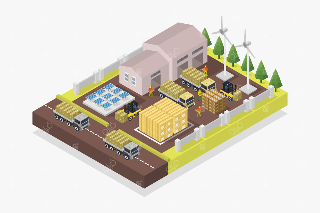 مرکز لجستیک با پنل‌های خورشیدی - نمای ایزومتریک