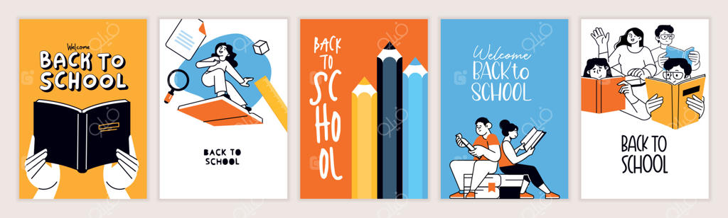 مجموعه پوسترهای بازگشت به مدرسه. مفاهیم تصویرسازی وکتور برای طراحی گرافیک و وب، ارائه‌های تجاری، بازاریابی و مواد چاپی. روز جهانی آموزش، روز جهانی کتاب، روز معلم.