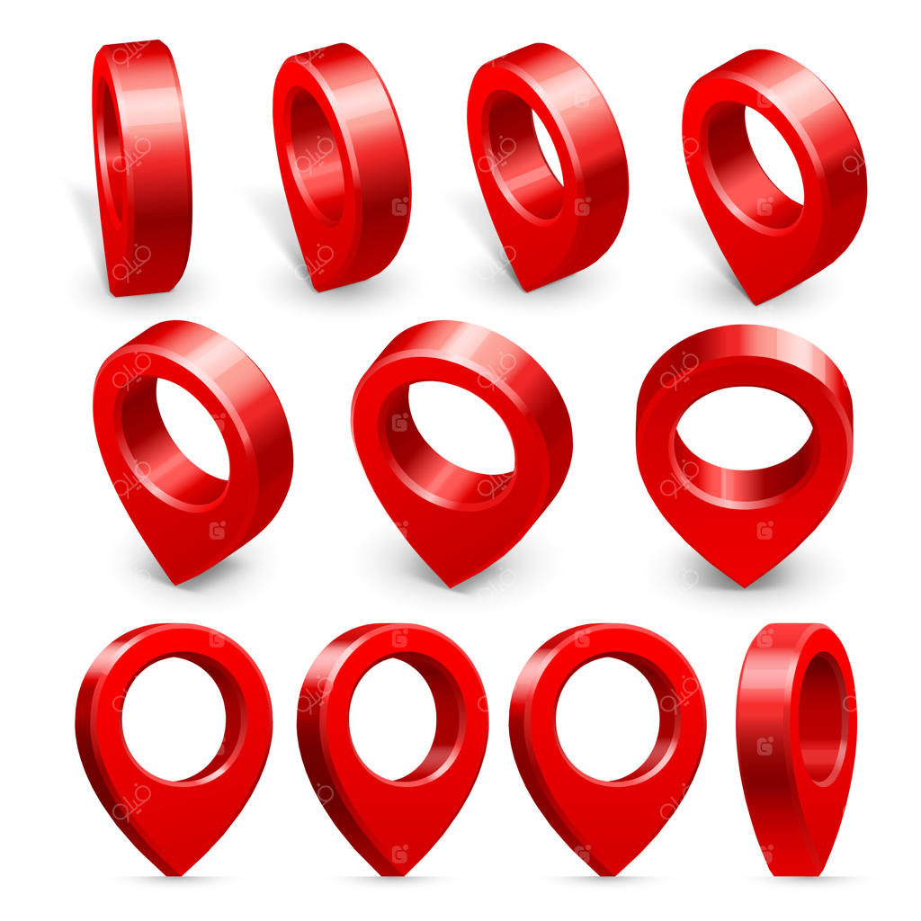 نشانگر دقیق: مجموعه نمادهای جداگانه شامل پین‌های مکان‌یاب سه‌بعدی و پیکان‌های نشانگر مکان‌ها