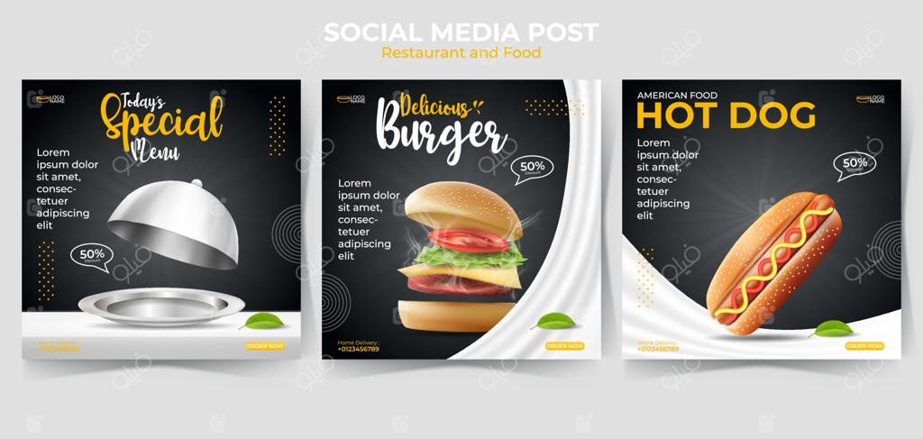 مجموعه قالب های مربع مینیمال قابل ویرایش: پست های شبکه اجتماعی و تبلیغات اینترنتی مرتبط با غذا و آشپزی. تصویرسازی وکتور با همبرگر و هات داگ واقعی.