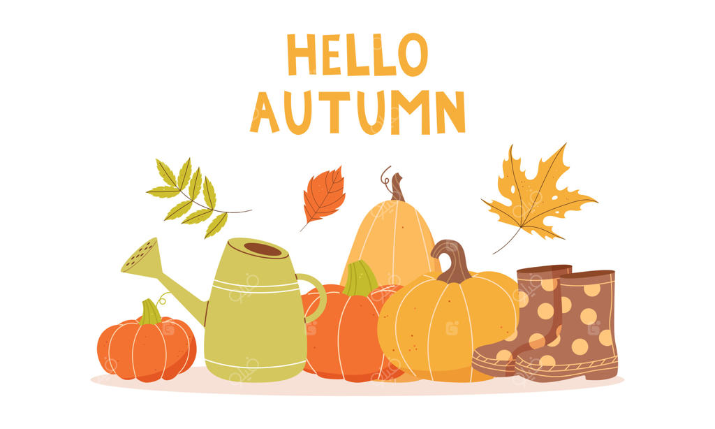 پس‌زمینه‌ی زیبای پاییزی با کدو، برگ‌ها، آب‌پاش باغبانی و چکمه‌ها