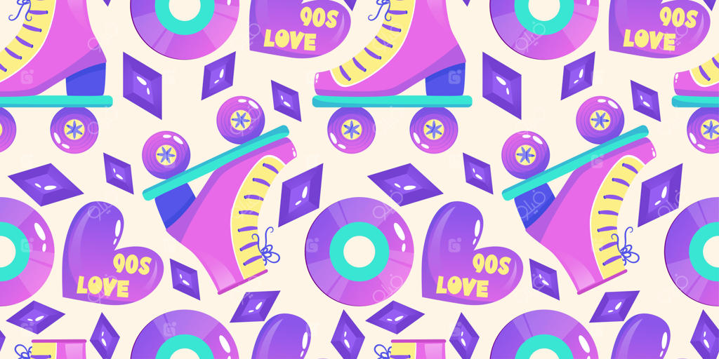 الگوی دهه ۹۰ در سبک رترو. تصویرسازی کارتونی به سبک ۱۹۹۰. طراحی ترندی وکتور. رنگ‌های نئونی. الگوی یکپارچه با اسکیت، دیسک و قلب
