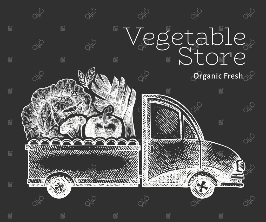 لوگوی تحویل فروشگاه سبزیجات سبز: طرح دستی از کامیون با تصویر سبزیجات، طراحی غذای کلاسیک به سبک حکاکی.
