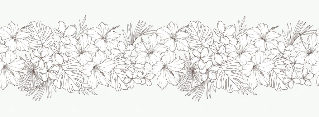 حاشیه یکپارچه با گل‌ها و گیاهان گرمسیری. پس‌زمینه افقی گل‌دار یکپارچه. طرح خطی مینیمالیستی از گل‌ها. گل‌آرایی یکپارچه. قاب حاشیه‌ای.