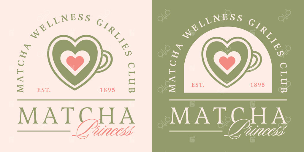 طراحی لوگو و پوستر پیراهن زیبا برای دوستداران لاته ماچا – الهام گرفته از چای سبز ژاپنی، طرح قلب، نوشیدنی سالم، جملات زیبا و استیکرهای خنده‌دار برای باشگاه دخترانه پیشرو و شیک