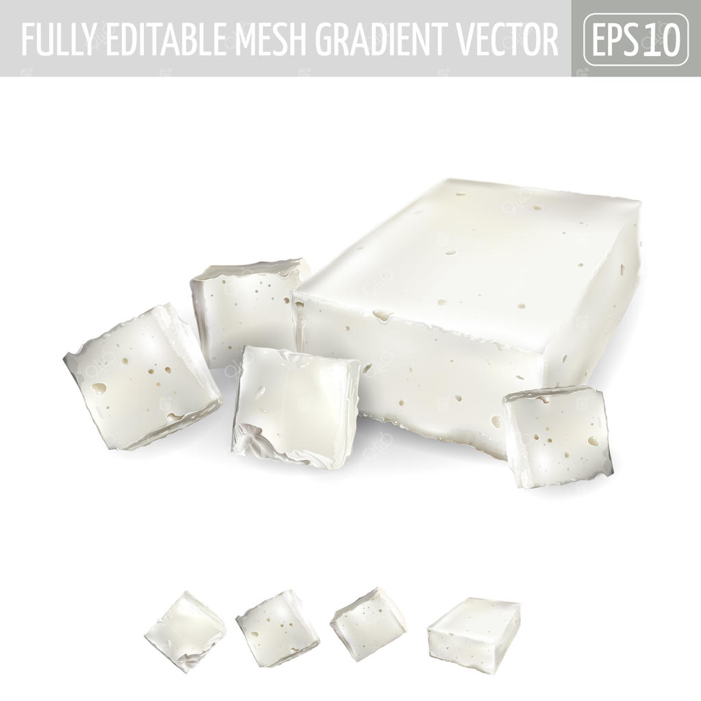 تکه‌های مختلف پنیر فتا روی پس‌زمینه سفید.