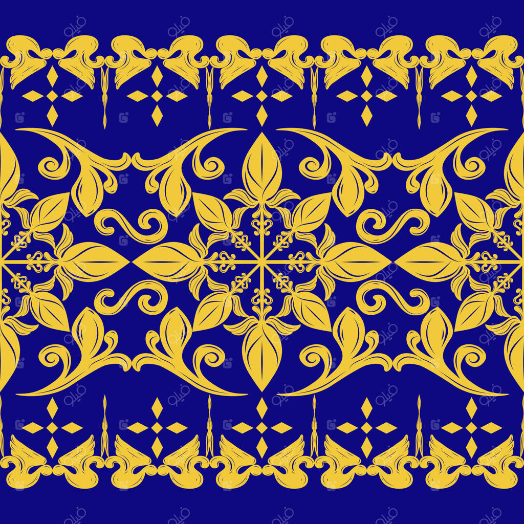 طرح گل‌های باشکوه با ابریشم سلطنتی طلاکوب بر پس‌زمینه آبی. تزئینات لوکس باغ زیبا با حاشیه راه‌راه برای کاغذ دیواری، کاشی، پارچه، روسری و فرش